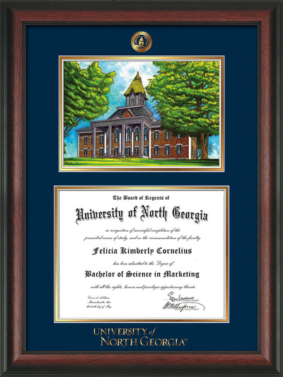 Image of University of North Georgia Diploma Frame - Rosewood - w/Embossed UNG Seal & Wordmark - Campus Watercolor - Navy on Gold mat