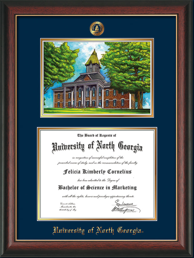 Image of University of North Georgia Diploma Frame - Rosewood w/Gold Lip - w/Embossed UNG Seal & Name - Campus Watercolor - Navy on Gold mat