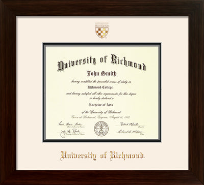 Image of University of Richmond Diploma Frame - Framer's Choice - w/Embossed Seal & Name - Off White on Black mats