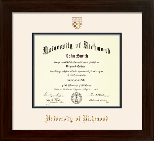 Image of University of Richmond Diploma Frame - Framer's Choice - w/Embossed Seal & Name - Off White on Black mats