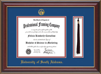 Image of University of South Alabama Diploma Frame - Cherry Lacquer - w/USA Embossed Seal & Name - Tassel Holder - Royal Blue on Crimson mats