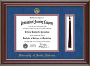 Image of University of South Alabama Diploma Frame - Cherry Lacquer - w/USA Embossed Seal & Name - Tassel Holder - Royal Blue Suede on Crimson mats