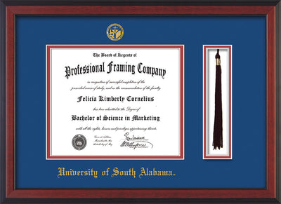 Image of University of South Alabama Diploma Frame - Cherry Reverse - w/USA Embossed Seal & Name - Tassel Holder - Royal Blue on Crimson mats