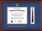 Image of University of South Alabama Diploma Frame - Cherry Reverse - w/USA Embossed Seal & Name - Tassel Holder - Royal Blue Suede on Crimson mats
