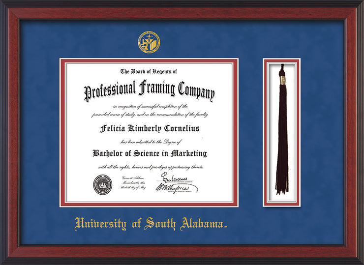 Image of University of South Alabama Diploma Frame - Cherry Reverse - w/USA Embossed Seal & Name - Tassel Holder - Royal Blue Suede on Crimson mats