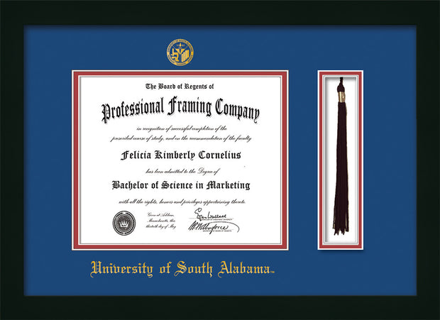 Image of University of South Alabama Diploma Frame - Flat Matte Black - w/USA Embossed Seal & Name - Tassel Holder - Royal Blue on Crimson mats
