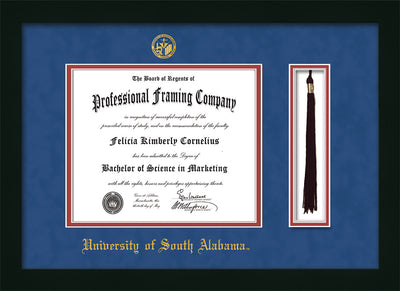 Image of University of South Alabama Diploma Frame - Flat Matte Black - w/USA Embossed Seal & Name - Tassel Holder - Royal Blue Suede on Crimson mats