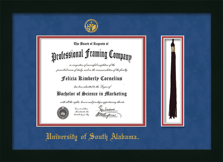 Image of University of South Alabama Diploma Frame - Flat Matte Black - w/USA Embossed Seal & Name - Tassel Holder - Royal Blue Suede on Crimson mats