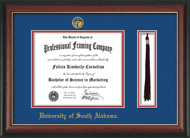 Image of University of South Alabama Diploma Frame - Rosewood w/Gold Lip - w/USA Embossed Seal & Name - Tassel Holder - Royal Blue on Crimson mats