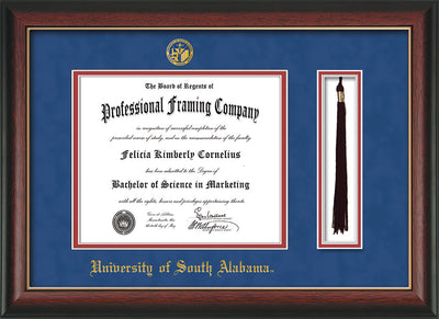 Image of University of South Alabama Diploma Frame - Rosewood w/Gold Lip - w/USA Embossed Seal & Name - Tassel Holder - Royal Blue Suede on Crimson mats
