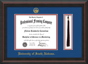 Image of University of South Alabama Diploma Frame - Mahogany Braid - w/USA Embossed Seal & Name - Tassel Holder - Royal Blue on Crimson mats