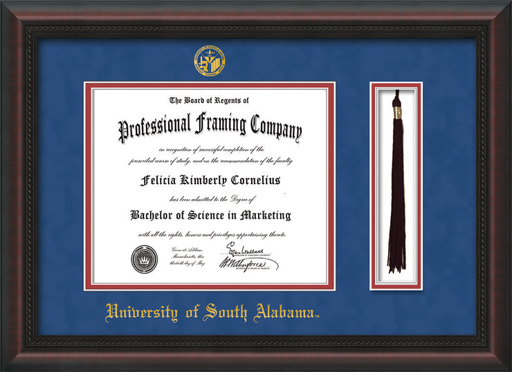 Image of University of South Alabama Diploma Frame - Mahogany Braid - w/USA Embossed Seal & Name - Tassel Holder - Royal Blue Suede on Crimson mats