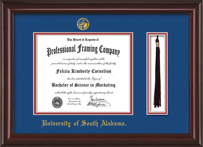 Image of University of South Alabama Diploma Frame - Mahogany Lacquer - w/USA Embossed Seal & Name - Tassel Holder - Royal Blue on Crimson mats