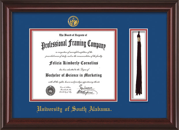 Image of University of South Alabama Diploma Frame - Mahogany Lacquer - w/USA Embossed Seal & Name - Tassel Holder - Royal Blue on Crimson mats