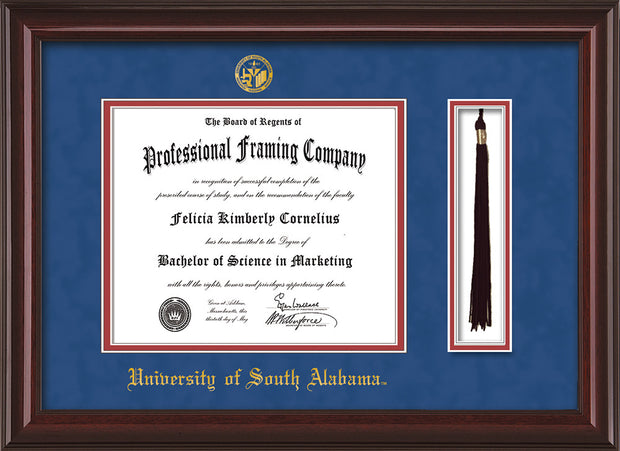 Image of University of South Alabama Diploma Frame - Mahogany Lacquer - w/USA Embossed Seal & Name - Tassel Holder - Royal Blue Suede on Crimson mats