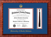 Image of University of South Alabama Diploma Frame - Mezzo Gloss - w/USA Embossed Seal & Name - Tassel Holder - Royal Blue on Crimson mats