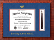 Image of University of South Alabama Diploma Frame - Mezzo Gloss - w/USA Embossed Seal & Name - Tassel Holder - Royal Blue Suede on Crimson mats