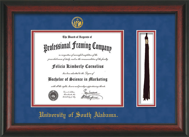 Image of University of South Alabama Diploma Frame - Rosewood - w/USA Embossed Seal & Name - Tassel Holder - Royal Blue Suede on Crimson mats