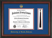 Image of University of South Alabama Diploma Frame - Rosewood - w/USA Embossed Seal & Name - Tassel Holder - Royal Blue on Crimson mats