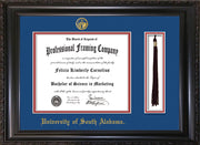 Image of University of South Alabama Diploma Frame - Vintage Black Scoop - w/USA Embossed Seal & Name - Tassel Holder - Royal Blue on Crimson mats
