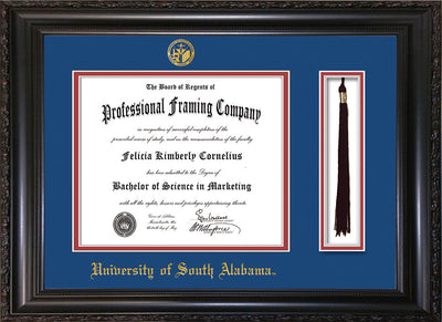Image of University of South Alabama Diploma Frame - Vintage Black Scoop - w/USA Embossed Seal & Name - Tassel Holder - Royal Blue on Crimson mats
