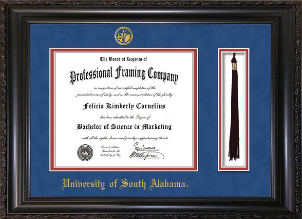 Image of University of South Alabama Diploma Frame - Vintage Black Scoop - w/USA Embossed Seal & Name - Tassel Holder - Royal Blue Suede on Crimson mats