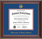 Image of University of South Alabama Diploma Frame - Cherry Lacquer - w/USA Embossed Seal & Name - Royal Blue on Crimson mats