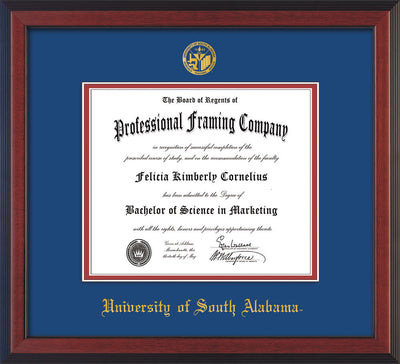 Image of University of South Alabama Diploma Frame - Cherry Reverse - w/USA Embossed Seal & Name - Royal Blue on Crimson mats
