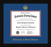 Image of University of South Alabama Diploma Frame - Flat Matte Black - w/USA Embossed Seal & Name - Royal Blue on Crimson mats