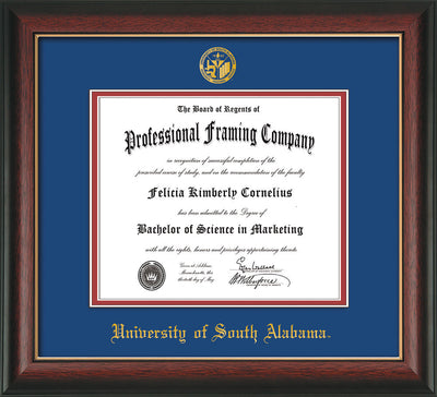 Image of University of South Alabama Diploma Frame - Rosewood w/Gold Lip - w/USA Embossed Seal & Name - Royal Blue on Crimson mats