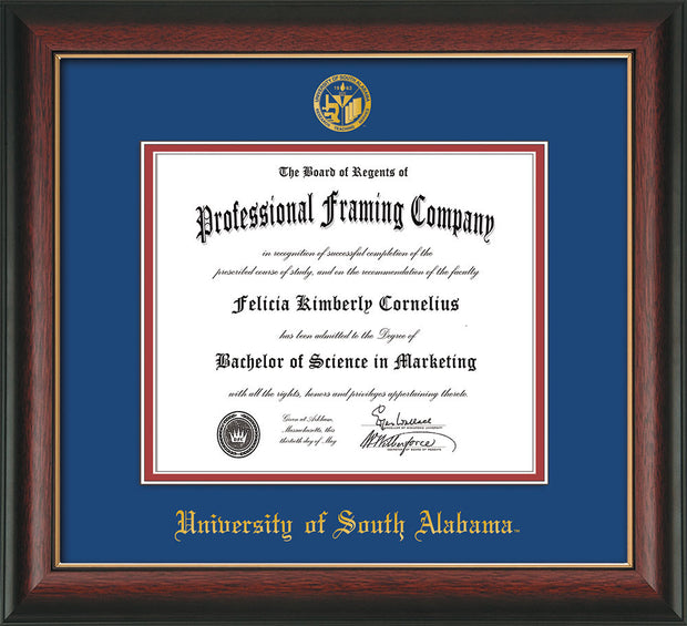 Image of University of South Alabama Diploma Frame - Rosewood w/Gold Lip - w/USA Embossed Seal & Name - Royal Blue on Crimson mats