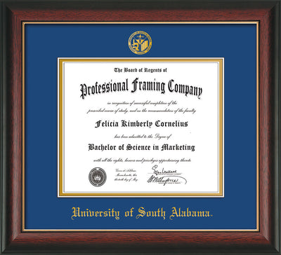 Image of University of South Alabama Diploma Frame - Rosewood w/Gold Lip - w/USA Embossed Seal & Name - Royal Blue on Gold mats