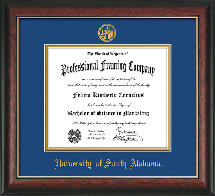 Image of University of South Alabama Diploma Frame - Rosewood w/Gold Lip - w/USA Embossed Seal & Name - Royal Blue on Gold mats