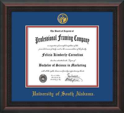 Image of University of South Alabama Diploma Frame - Mahogany Braid - w/USA Embossed Seal & Name - Royal Blue on Crimson mats