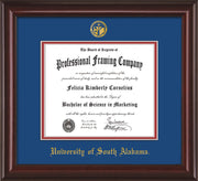 Image of University of South Alabama Diploma Frame - Mahogany Lacquer - w/USA Embossed Seal & Name - Royal Blue on Crimson mats