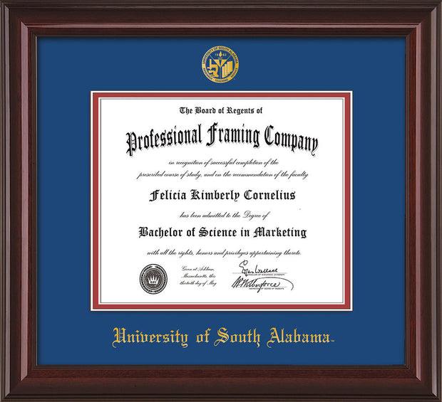 Image of University of South Alabama Diploma Frame - Mahogany Lacquer - w/USA Embossed Seal & Name - Royal Blue on Crimson mats