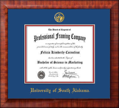 Image of University of South Alabama Diploma Frame - Mezzo Gloss - w/USA Embossed Seal & Name - Royal Blue on Crimson mats