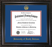 Image of University of South Alabama Diploma Frame - Vintage Black Scoop - w/USA Embossed Seal & Name - Royal Blue on Crimson mats