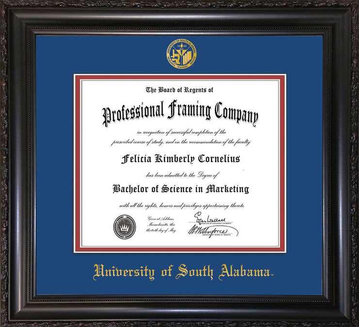 Image of University of South Alabama Diploma Frame - Vintage Black Scoop - w/USA Embossed Seal & Name - Royal Blue on Crimson mats