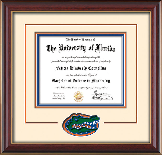 Image of University of Florida Diploma Frame - Cherry Lacquer - 3D Laser UF Gator Head Logo Cutout - Cream on Orange on Royal Blue mat