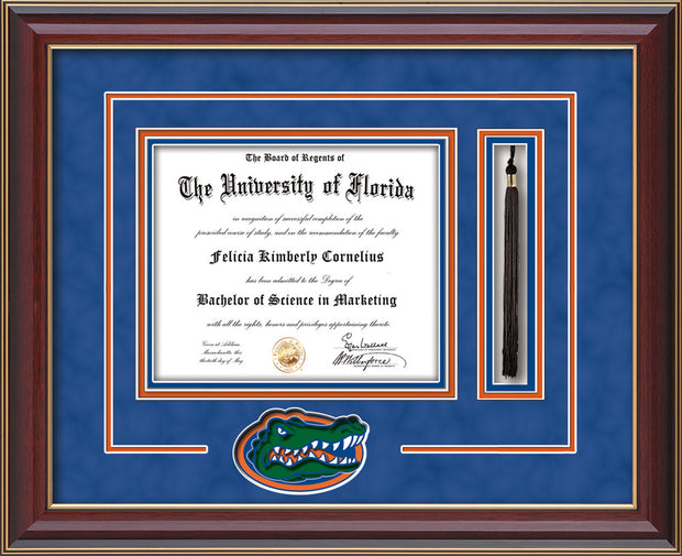 Image of University of Florida Diploma Frame - Cherry Lacquer - 3D Laser UF Gator Head Logo Cutout - Tassel Holder - Royal Blue Suede on Orange on Royal Blue mat