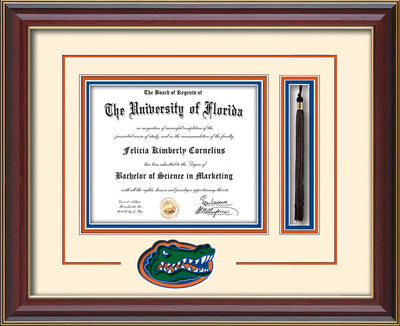 Image of University of Florida Diploma Frame - Cherry Lacquer - 3D Laser UF Gator Head Logo Cutout - Tassel Holder - Cream on Orange on Royal Blue mat