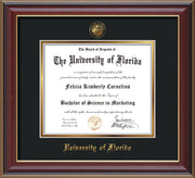 Image of University of Florida Diploma Frame - Cherry Lacquer - w/Embossed Seal & Name - Black on Gold mat