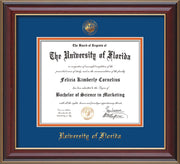 Image of University of Florida Diploma Frame - Cherry Lacquer - w/Embossed Seal & Name - Royal Blue on Orange mat