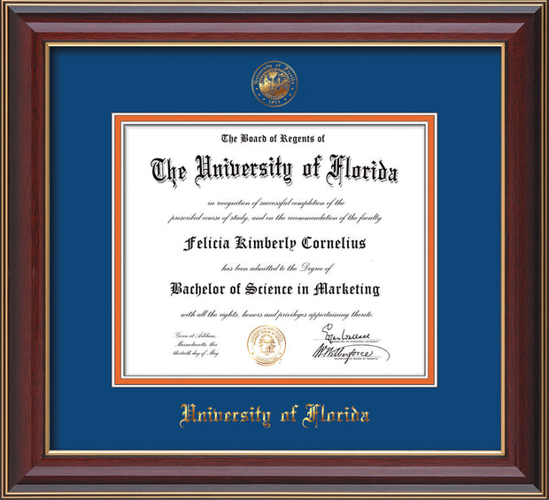 Image of University of Florida Diploma Frame - Cherry Lacquer - w/Embossed Seal & Name - Royal Blue on Orange mat