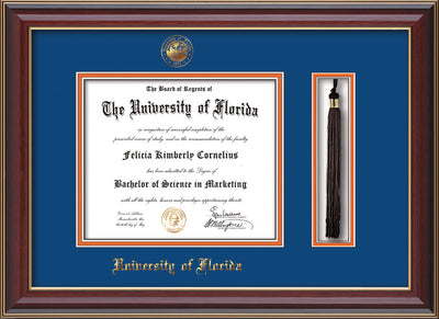 Image of University of Florida Diploma Frame - Cherry Lacquer - w/Embossed Seal & Name - Tassel Holder - Royal Blue on Orange mat
