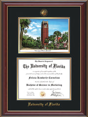 Image of University of Florida Diploma Frame - Cherry Lacquer - w/Embossed Seal & Name - Watercolor - Black on Gold mat
