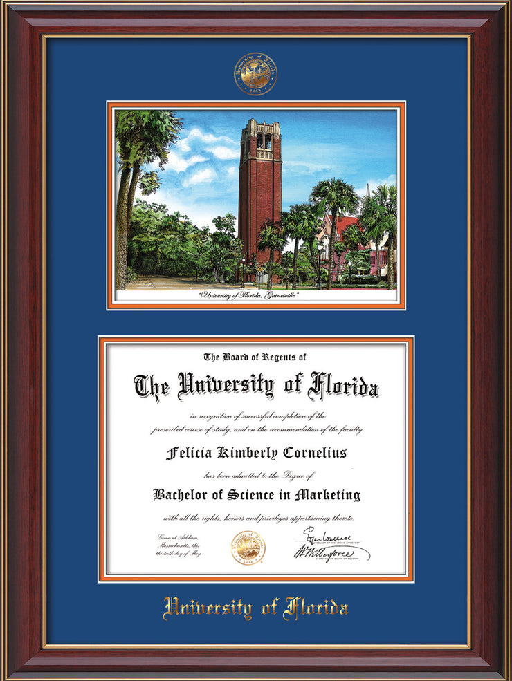 Image of University of Florida Diploma Frame - Cherry Lacquer - w/Embossed Seal & Name - Watercolor - Royal Blue on Orange mat