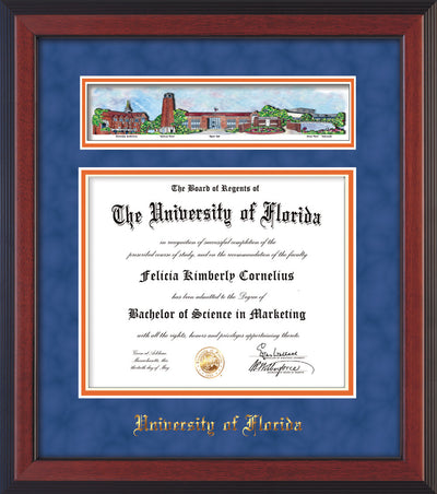 Image of University of Florida Diploma Frame - Cherry Reverse - w/Embossed School Name Only - Campus Collage - Royal Blue Suede on Orange mat