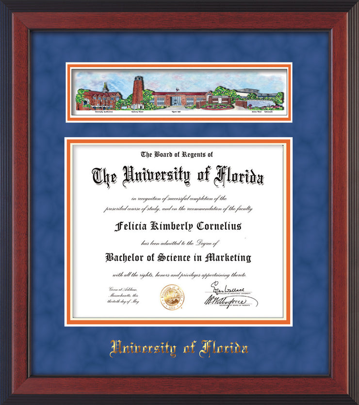 Image of University of Florida Diploma Frame - Cherry Reverse - w/Embossed School Name Only - Campus Collage - Royal Blue Suede on Orange mat